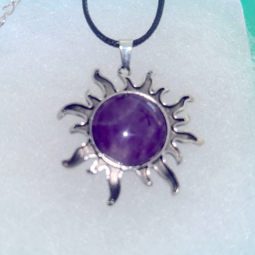 Boho hippie Amethyst Crystal Sun Black Cord 18-20” Necklace
